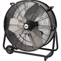 Black Draper Expert 230V high flow drum fan, 24-inch, with metal frame, large blades, and sturdy wheels.