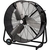 Black Draper Expert high flow drum fan, 36-inch, with sturdy metal frame, large blades, and wheels for mobility.