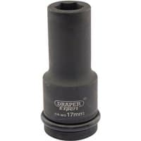 Black Draper Expert 17mm deep impact socket with 3/4" square drive and Hi-Torq 6-point design, labeled CR-MO 17mm.