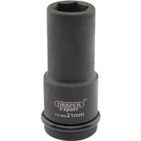 Black Draper Expert deep impact socket, 3/4" drive, 21mm size, with Hi-Torq 6-point design and branded text.