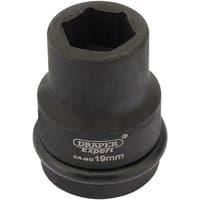Black Draper Expert 19mm impact socket with 3/4" square drive, Hi-Torq 6-point design, and engraved branding.