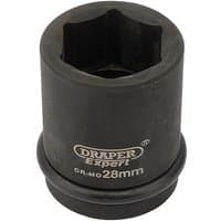 Black Draper Expert 28mm impact socket with 3/4" square drive and Hi-Torq 6-point design, labeled in white text.