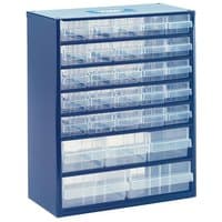 Blue Draper Expert storage organizer with 30 clear plastic drawers in a vertical arrangement.