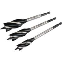 Draper Expert 4 Fluted Auger Bit Set, 165mm, 3 black and silver bits with spiral design and hex shank.