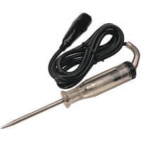 Heavy duty automotive circuit tester with clear handle, metal probe, and black coiled wire with clip.