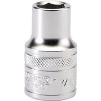 Silver Draper Expert 6 Point Imperial Socket, 1/2" Sq. Dr., 7/16", with knurled grip and engraved branding.