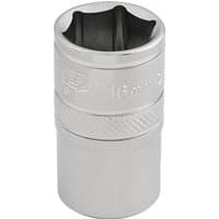 Silver Draper Expert 16mm socket, 6-point design, 1/2" square drive, textured grip, engraved size marking.