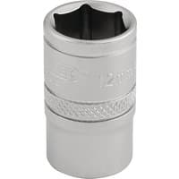 Silver Draper Expert 12mm socket with 6-point design, 3/8" square drive, textured grip band.