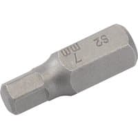 Hexagonal silver Draper Expert 7mm x 30mm insert bit with 10mm fitting, marked with "7mm" and "S2" engravings.