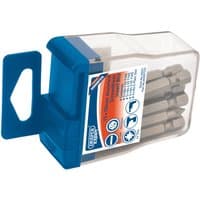 Clear plastic case with blue lid, containing 15 assorted 1/4" hex insert bits by Draper Expert.
