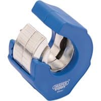 Blue Draper Expert ratchet pipe cutter with silver cutting wheel, ergonomic handle, and 22mm capacity.