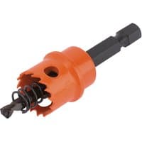 Orange Draper Expert bi-metal hole saw, 16mm, with integrated arbor and black hex shank.