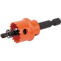 Orange Draper Expert bi-metal hole saw with integrated arbor, 19mm, featuring a black hex shank and spring-loaded pilot bit.