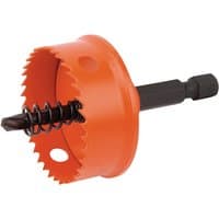 Orange Draper Expert bi-metal hole saw with integrated arbor, 35mm, featuring a black drill bit and spring mechanism.