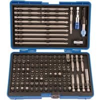 Blue plastic case with 127-piece Draper Expert bit holder set, featuring various sizes of silver and black bits.