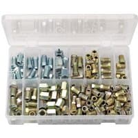 Clear plastic case with assorted silver and brass brake pipe fittings, organized in compartments, Draper Expert 205-piece set.