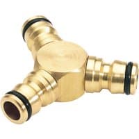 Brass 3-way connector with three hose fittings and black O-rings, by Draper Expert.