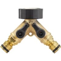 Brass double tap connector with black flow control levers, Y-shaped design, and 3/4" hose fittings by Draper Expert.