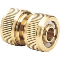 Brass hose repair connector by Draper Expert, 1/2" size, with ribbed grip and threaded ends for secure attachment.