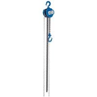 Blue Draper Expert chain hoist with metal chains and hooks, 1-tonne capacity, compact design.