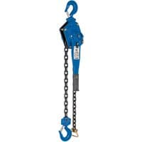 Blue Draper Expert Chain Lever Hoist, 3 Tonne, with two hooks and a long black chain.
