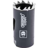 Black Draper Expert cobalt hole saw, 25mm, with sharp silver teeth and branded logo on the side.