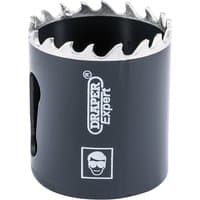 Black Draper Expert Cobalt Hole Saw, 38mm, with sharp silver teeth and logo on the side.