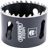 Black Draper Expert cobalt hole saw, 60mm, with sharp silver teeth and branded logo on the side.