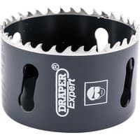 Black Draper Expert cobalt hole saw, 70mm, with sharp teeth and side ventilation slots.