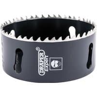 Black Draper Expert cobalt hole saw, 95mm diameter, with sharp teeth and logo on side.