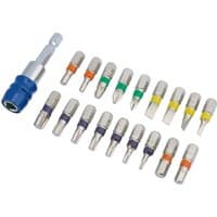 Draper Expert 19-piece screwdriver bit set with colored bands, includes various bit types and a blue-handled bit holder.