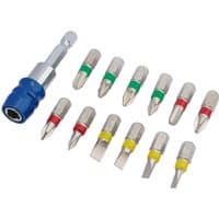 Draper Expert 13-piece screwdriver bit set with colored bands and blue magnetic holder.