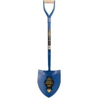 Blue Draper Expert round mouth shovel with wooden D-handle and solid forged steel blade.