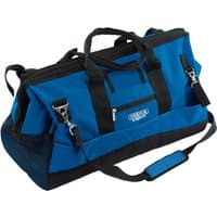 Blue and black Draper Expert tool bag, 630mm, with multiple pockets, sturdy handles, and adjustable shoulder strap.