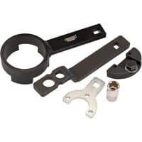 Black and silver Draper Expert crankshaft pulley hub holding set with various shaped metal tools.