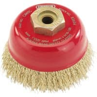 Red Draper Expert crimped wire cup brush, 60mm diameter, M10 thread, with brass bristles and hexagonal nut.