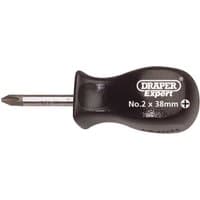 Black-handled Draper Expert cross slot screwdriver, No.2 x 38mm, with a short metal shaft and Phillips head.