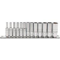 Draper Expert deep metric socket set, 13 silver pieces on a metal rail, 1/4" square drive, varying sizes.