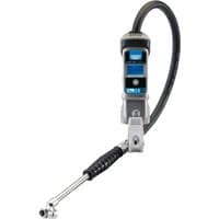 Digital gauge air line inflator with twin connectors, gray body, blue display, and black flexible hose.