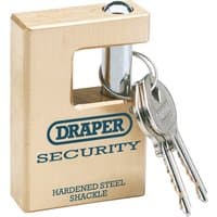 Brass padlock with hardened steel shackle, rectangular shape, includes two keys, Draper Expert branding on front.