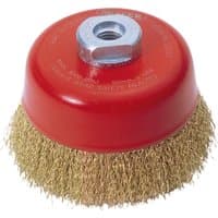 Red Draper Expert crimped wire cup brush, 100mm, M14, with brass bristles and central metal nut.