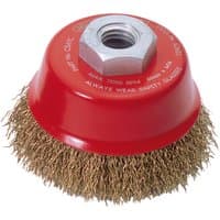Red Draper Expert crimped wire cup brush, 60mm, with M14 threaded nut and brass bristles.