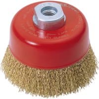 Red Draper Expert crimped wire cup brush, 80mm, with M14 threaded nut and brass-colored bristles.