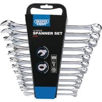 Silver Draper Expert spanner set, 12-piece, 8-19mm, with black holder and blue label, featuring open and ring ends.