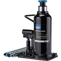 Black Draper Expert hydraulic bottle jack, 12 tonne capacity, with blue handle and silver lifting rods.