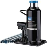 Black Draper Expert hydraulic bottle jack, 20 tonne, with blue top and silver handle attachments.