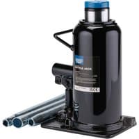Black Draper Expert hydraulic bottle jack, 30 tonne capacity, with blue cap and two detachable silver handles.