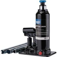 Black Draper Expert hydraulic bottle jack, 5 tonne, with blue top, red release valve, and two silver lifting rods.