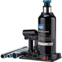Black Draper Expert hydraulic bottle jack, 8 tonne capacity, with blue cap and silver lifting rods.