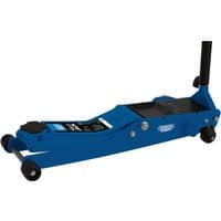 Blue Draper Expert low profile trolley jack, 2 tonne capacity, with black handle and wheels.